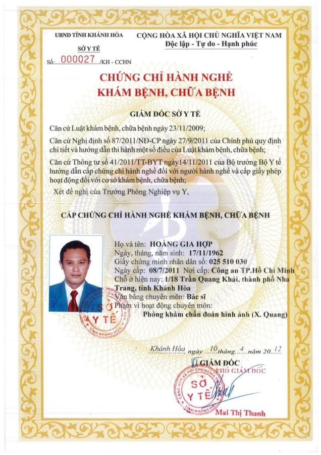 Chứng chỉ hành nghề khám bệnh, chữa bệnh – BS. Hoàng Gia Hợp