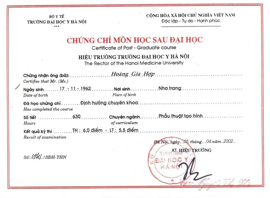 Chứng chỉ sau đại học, ĐH Y Hà Nội – BS. Hoàng Gia Hợp