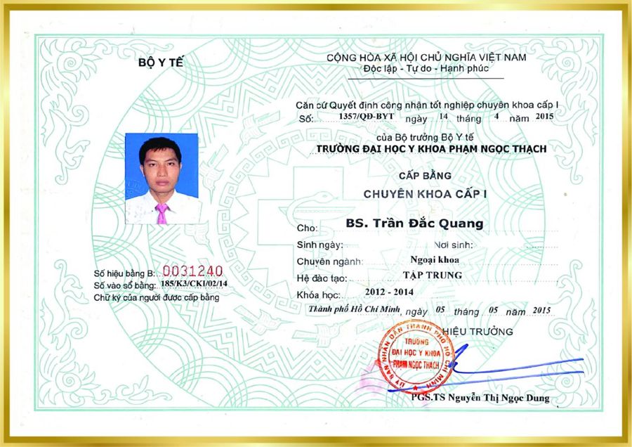 Bằng chuyên khoa I Ngoại khoa – BS. Trần Đắc Quang