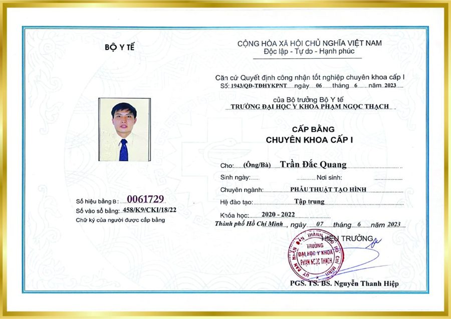 Bằng chuyên khoa I Phẫu thuật tạo hình – BS. Trần Đắc Quang