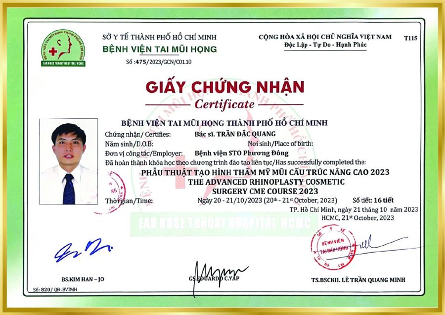 Chứng nhận phẫu thuật mũi cấu trúc nâng cao 2023 – BS. Trần Đắc Quang